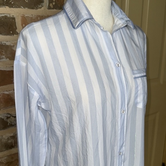 Stars Above Simply Cool Blue Striped Button-Up Sleep Shirt Satin Trim Sz S - Picture 11 of 12